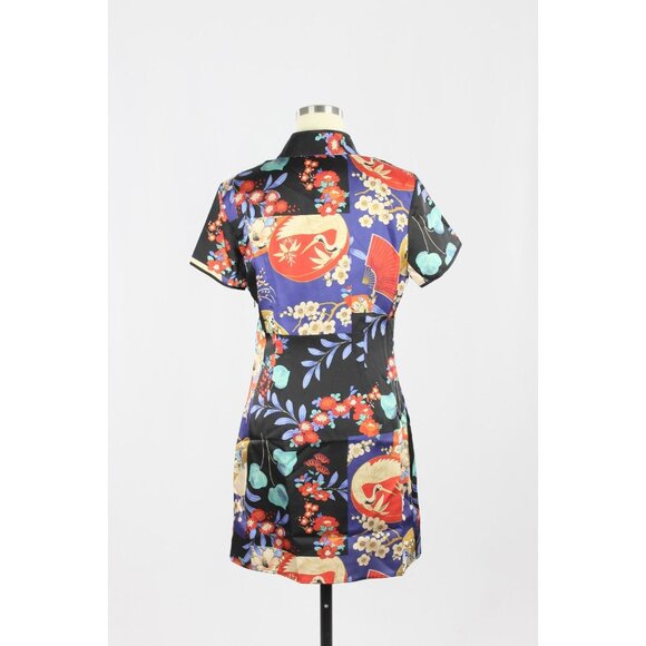 NWT ZARA Black Oriental Floral Crane Print Satin Cheongsam Mini Dress, Size S - Picture 3 of 13